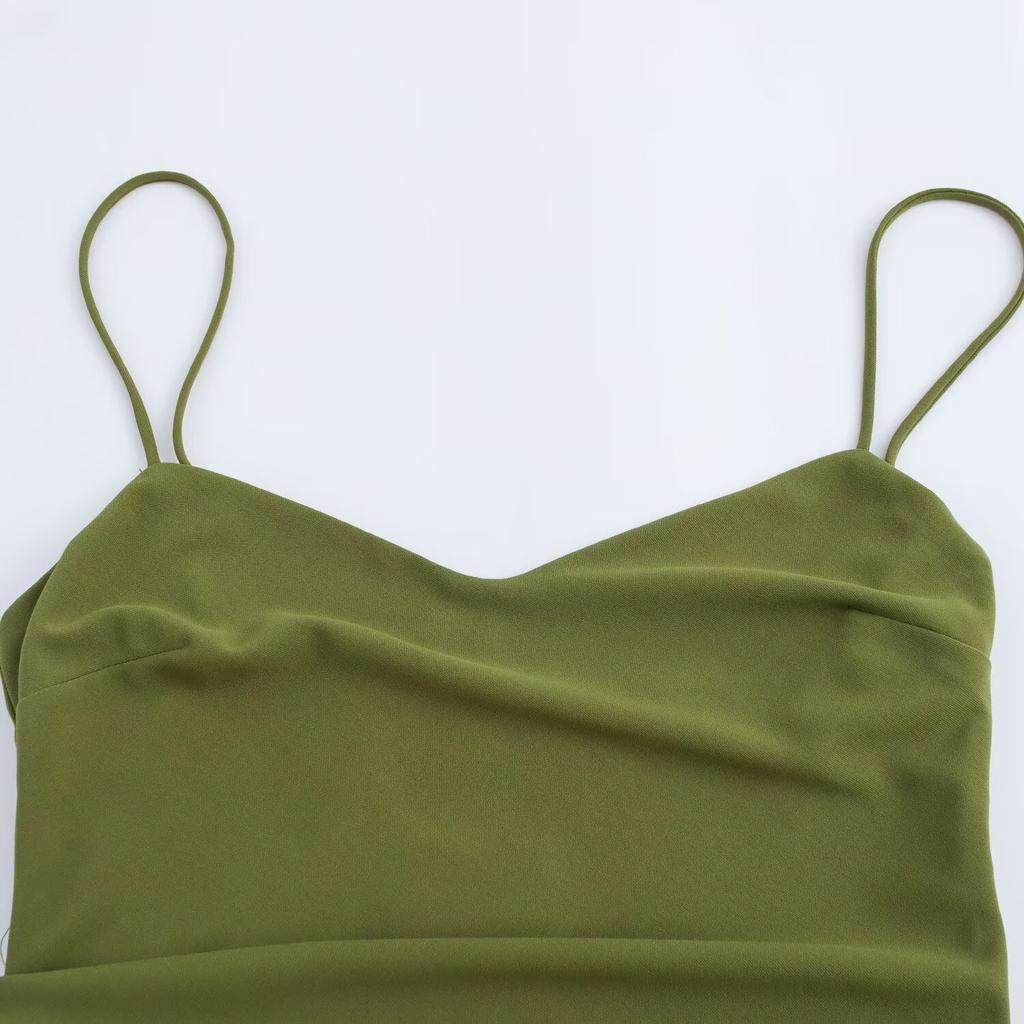 European and American style summer new French green temperament slim pleated Midi suspender dress
