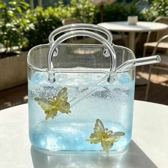 Yousheng Handtaschenförmiges Weinglas, 750 ml Handtaschen-Cocktailbecher mit Strohhalm, Einzigartiger Glasbecher für Saft und Limonade, Kreative Vase für Blumen