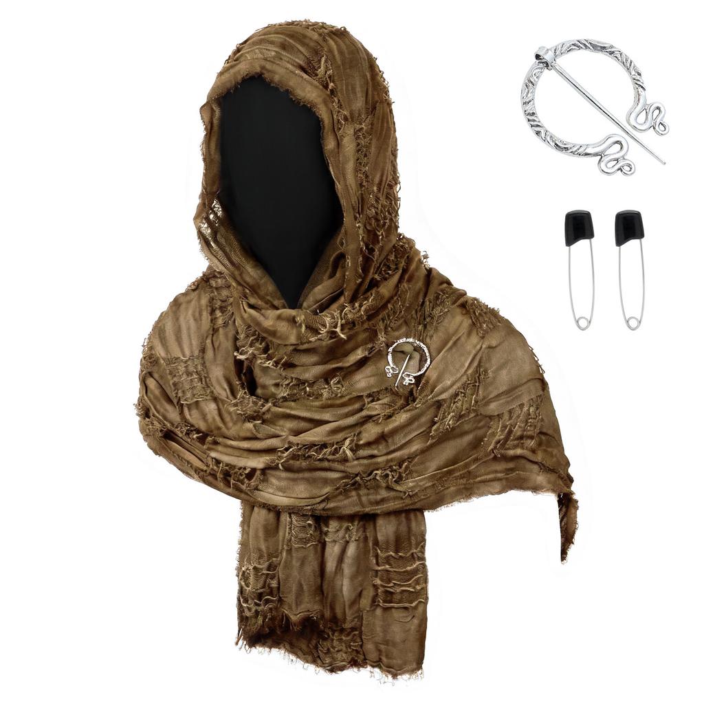 Medieval Style Hooded Cloak Scarf with Distressed Fabric and Metal Brooch Fastener for Cosplay LARP Renaissance Festival Costume Accessory