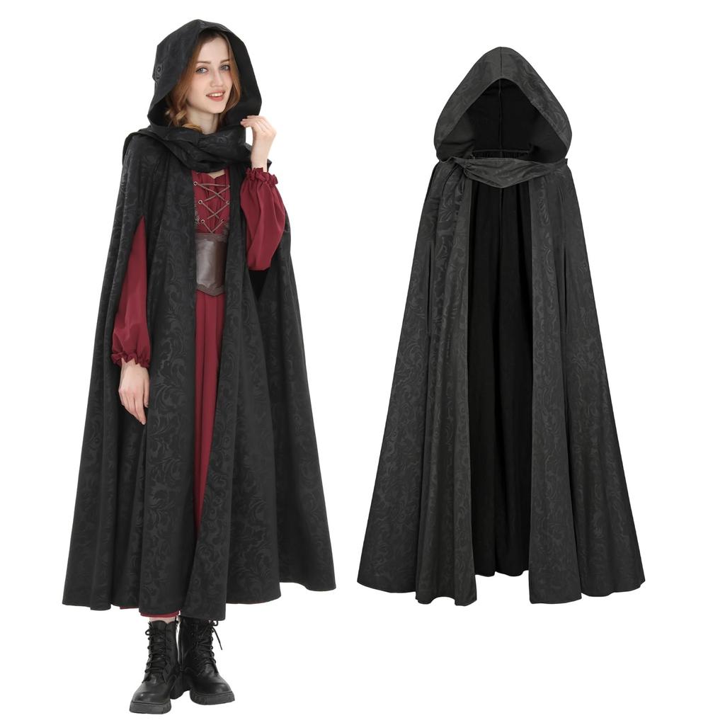 [God-Quality Product] Mysterious and Majestic Gothic-Style Hooded Long Cape with Dark Fabric for Halloween Cosplay (Black, Small)
