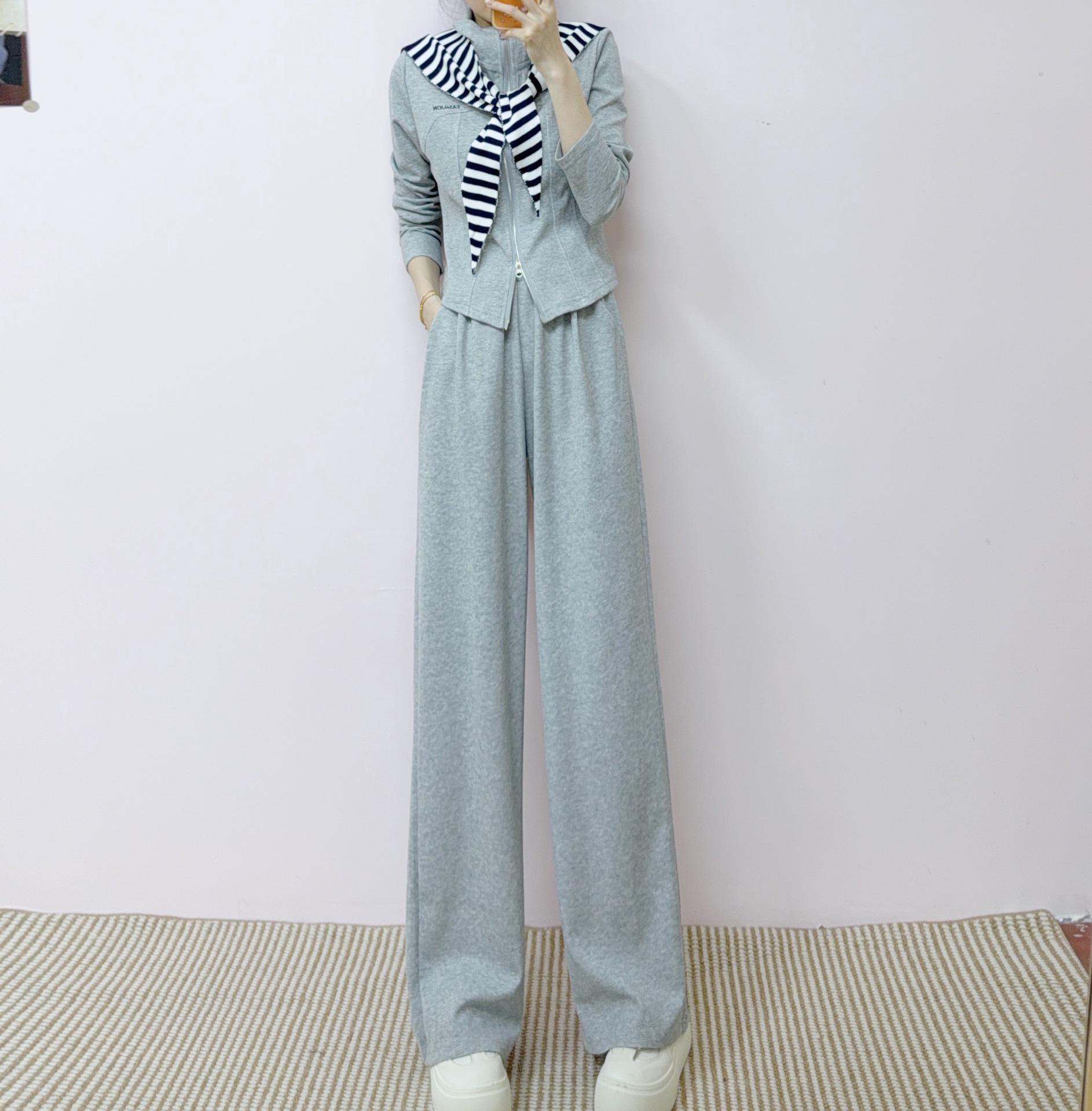 

2026 Spring/Autumn Stand-Collar Jacket & Wide-Leg Pants Striped Shawl Set M (45-56 kg) сірий колір