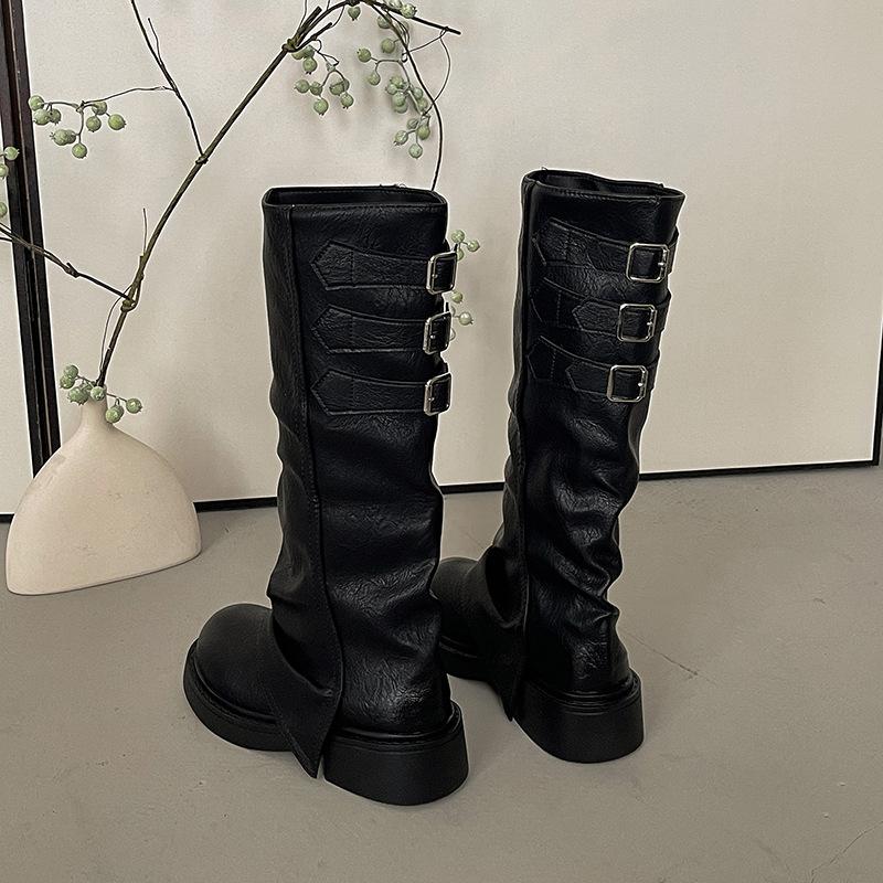 

European and American spice girls thick-bottomed street versatile wrinkled women autumn and winter fashion retro design sense travel style fashion bo 35 чёрный