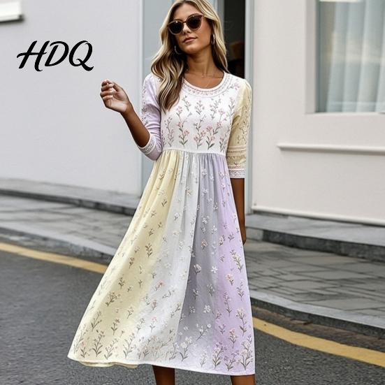 Comfortable Breathable Polyester Dresses Long Sleeve Floral Dress Women Cottagecore Waist Cinching Casual Autumn with Sleeves Midi Dress for Vacation