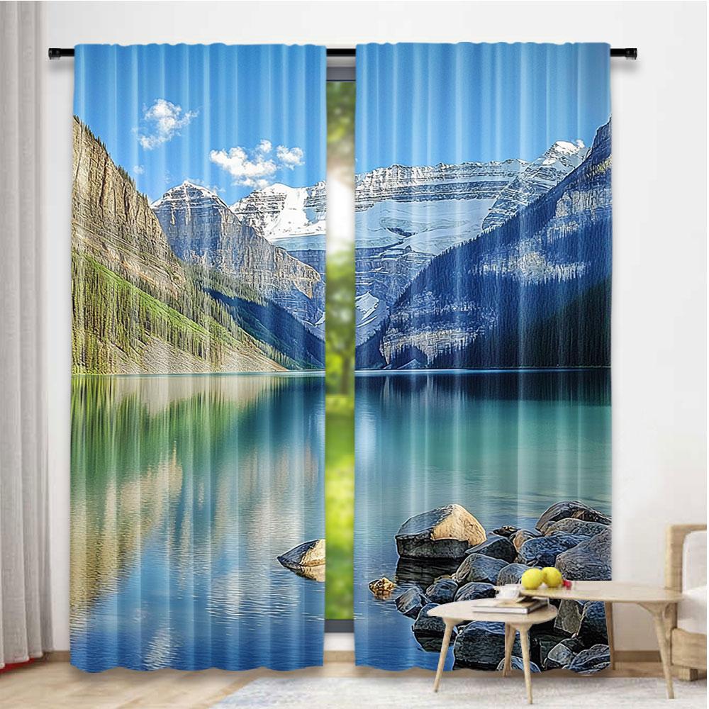2Pcs Landscape Curtain Lake Louise Banff National Park Canada Lakeside Rocks Clear Water Scenic For Living Room Bedroom Kitchen