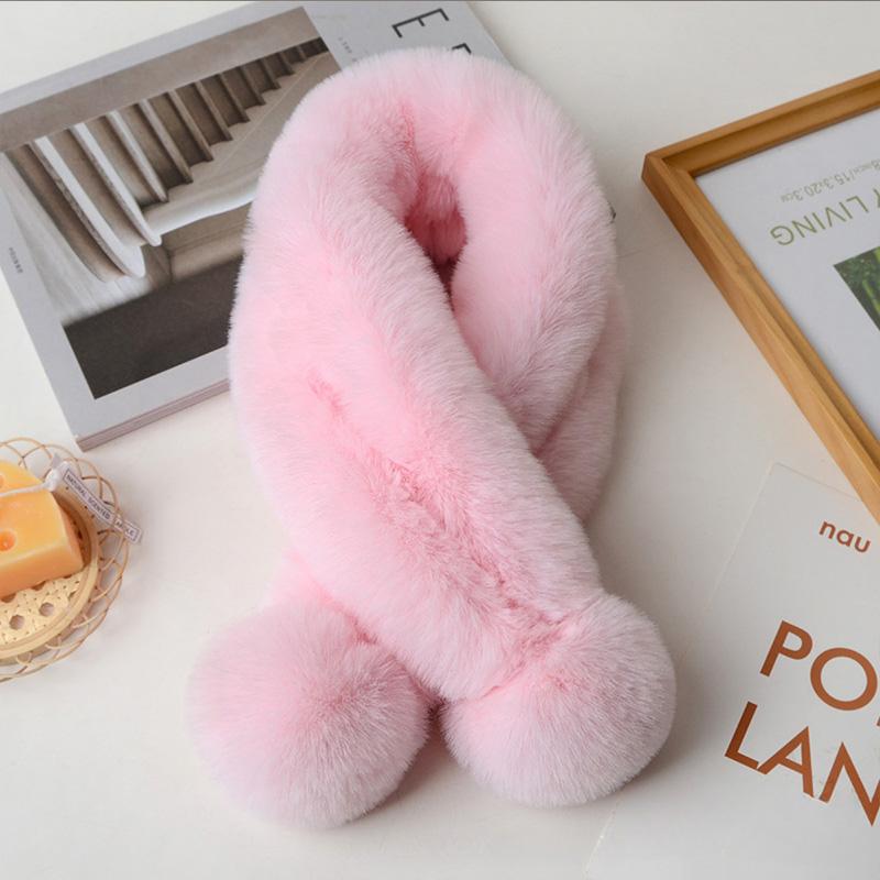 Thick Winter Women Neck Warmer Collar Neckerchief Plush Cross Scarf Faux Rabbit Fur Thickened Plush Ball Thermal Scarf