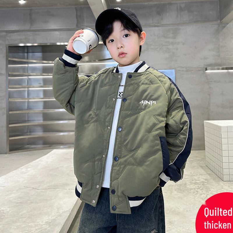 Gepolsterte doppellagige Baumwoll-Baseballjacke für Jungen - Herbst/Winter 2025, Verdickt für mittelgroße bis große Kinder