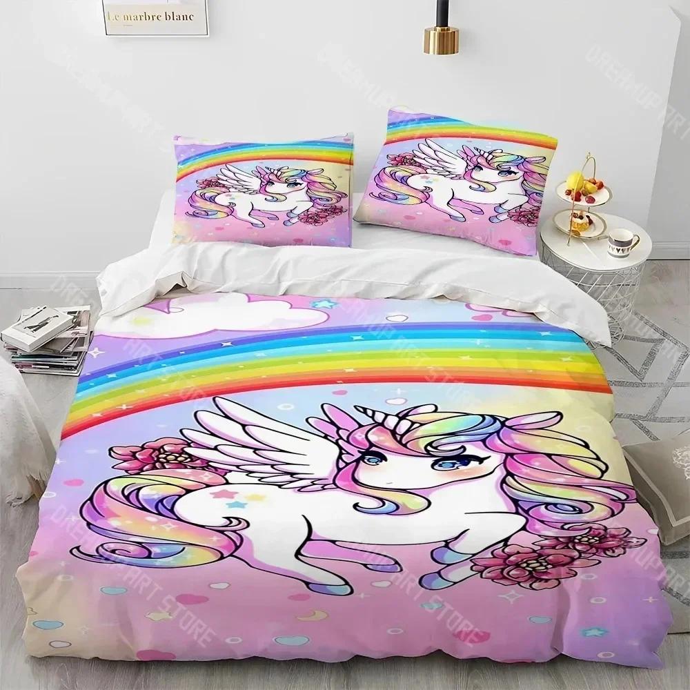 Unicorn Cute Cartoon Comforter Bedding Set,Duvet Cover Bed Set Quilt Cover Pillowcase,Queen Bedding Set for Child Boy Girl Gift