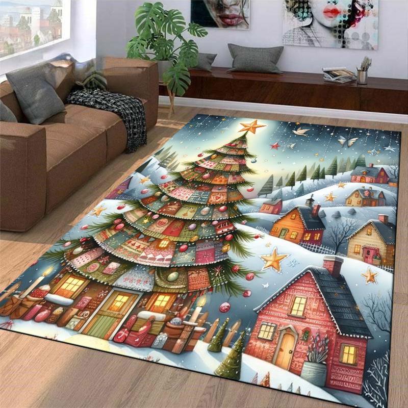 "Christmas Tree Carpet with Festive Houses and Snowy Scenery Design" Suitable for Use As an Anti-slip for Living Room Bedroom Sofas