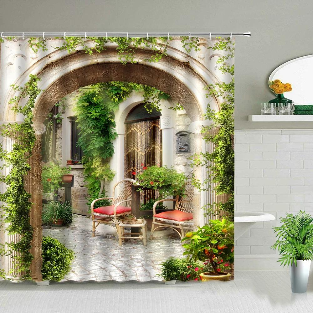 Window Outside Forest Bridge Spring Landscape Creativity Shower Curtain Zen Stone Tree Building Scenery Cloth Curtains With Ho