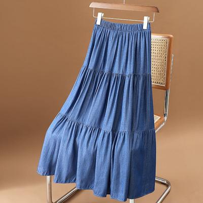 Women's Versatile Large Swing Tiered Skirt Elastic Waist Ice Silk Denim Skirt Summer Drape Slimming A Line Skirt