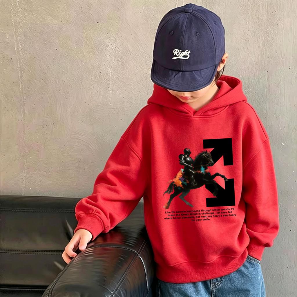 Y2K Trendy Art Rider Horse Print Warm Kids Hooded Sweatshirt, Autumn/Winter Kids' Casual Top