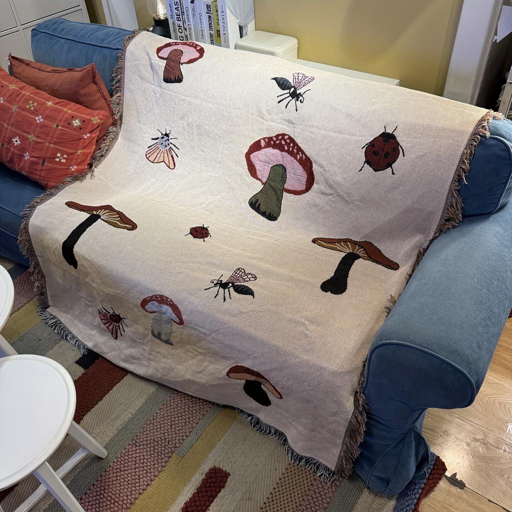Bohemian Mushroom Tapestry Blanket Vintage Floral Design with Fringed Edges, Neutral Beige Background, All Season Cozy Throw for Bed or Sofa, Bohemian