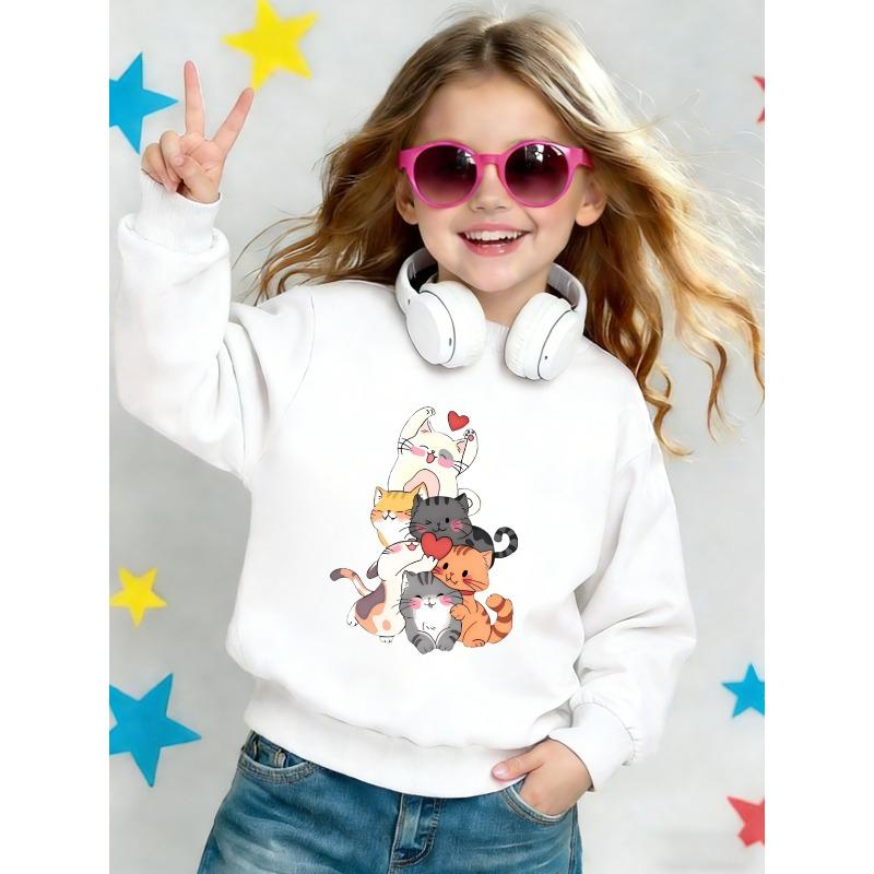 European sizes Cute Cat Print Kids' Spring Lightweight Crewneck Sweatshirt, Comfortable Design, Great Choice for Outdoor Wear