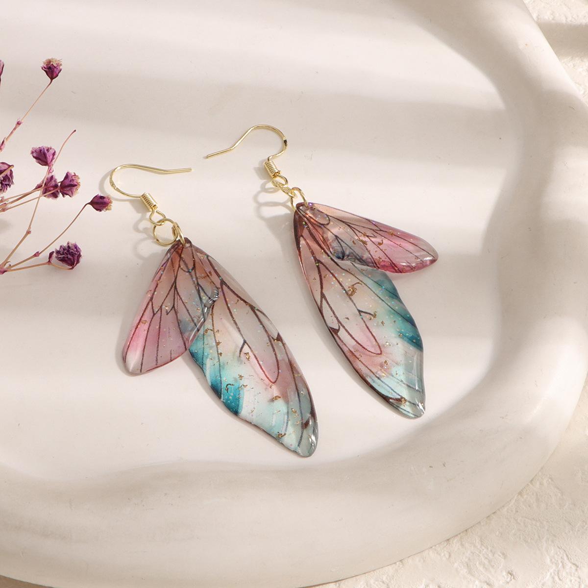 

Minar Trendy Rainbow Gradient Color Resin Double Butterfly Wings Long Drop Earrings for Women Gold Plated Alloy Wedding Jewelry