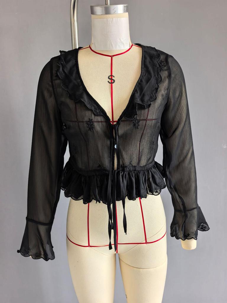 European & American Style Women's Chiffon Shirt with French Lace-up Waist, Embroidered Ruffles, and Long Sleeves