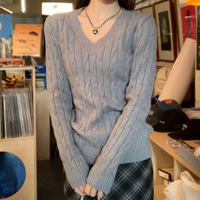 V-Neck Twist Women Sweater Knit Autumn Winter Casual Top Solid Color Loose Fit Korean Style Long Sleeve Fashion Sweaters Simple Clothing