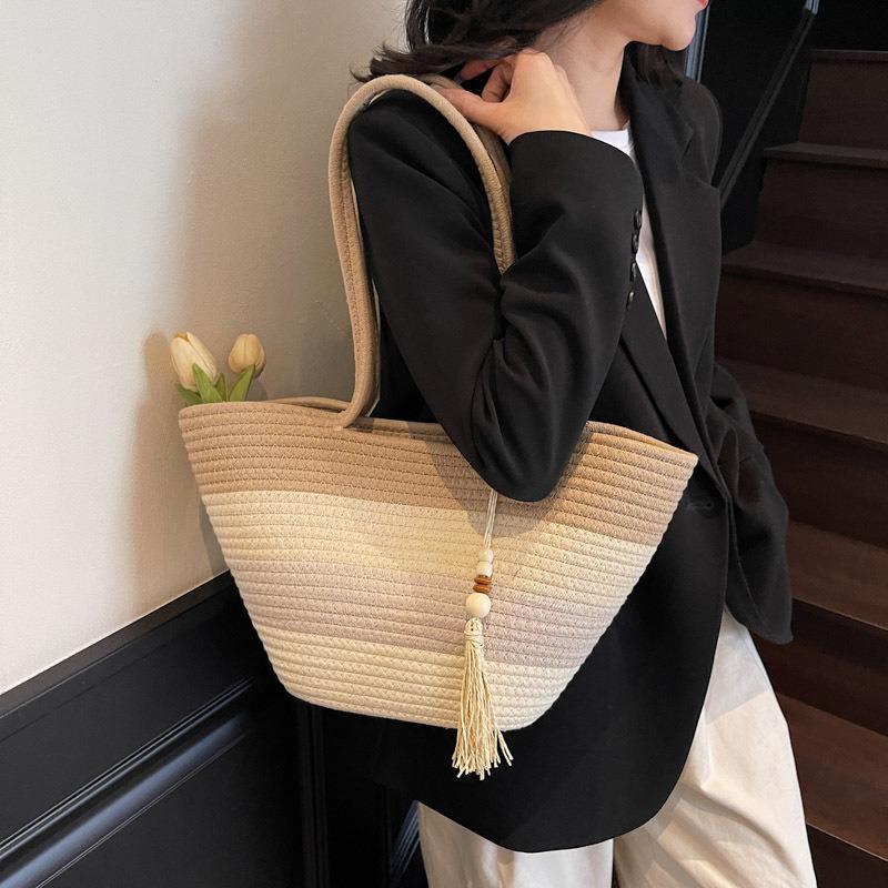 Large-capacity Contrasting Color Bag Women's New Casual Woven Bag Summer Versatile Seaside Vacation Beach Bag