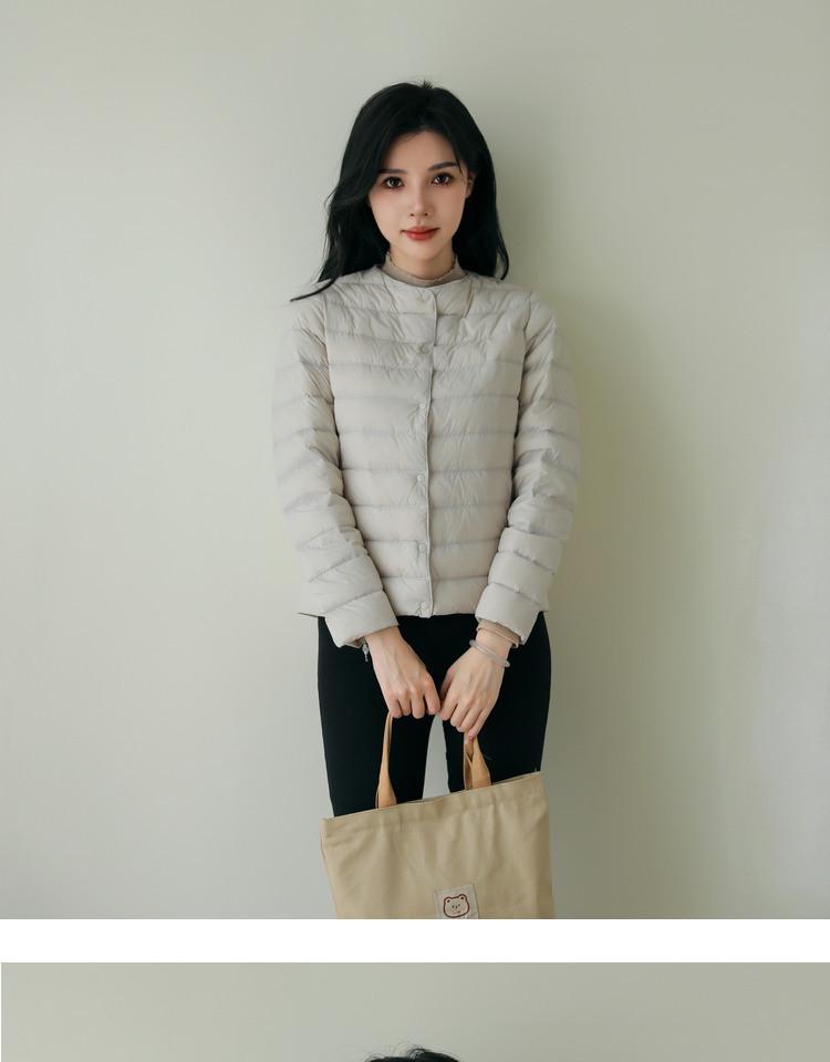 Women's Lightweight Pinghu White Duck Down Jacket, Collarless, Round Neck, Autumn/Winter Outerwear