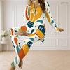 Women Plus Size Printed Half Zip Long Sleeve Longline Top Fitted Pants Two Piece Set