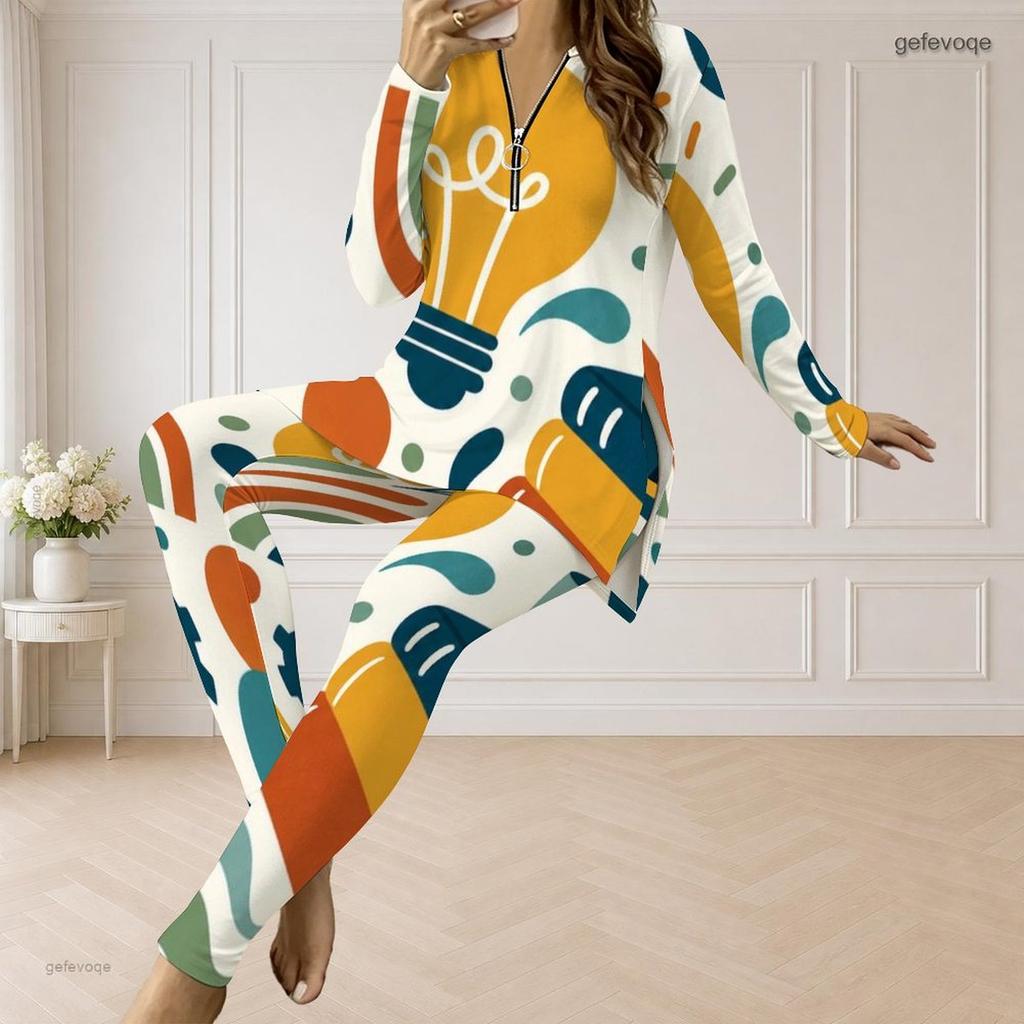Women Plus Size Printed Half Zip Long Sleeve Longline Top Fitted Pants Two Piece Set