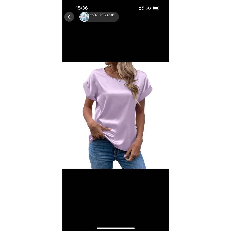 

Women s Short Sleeve Satin Shirt Loose Casual Versatile Crew Neck Satin Shirt New XXL лаванда фіолетовий колір