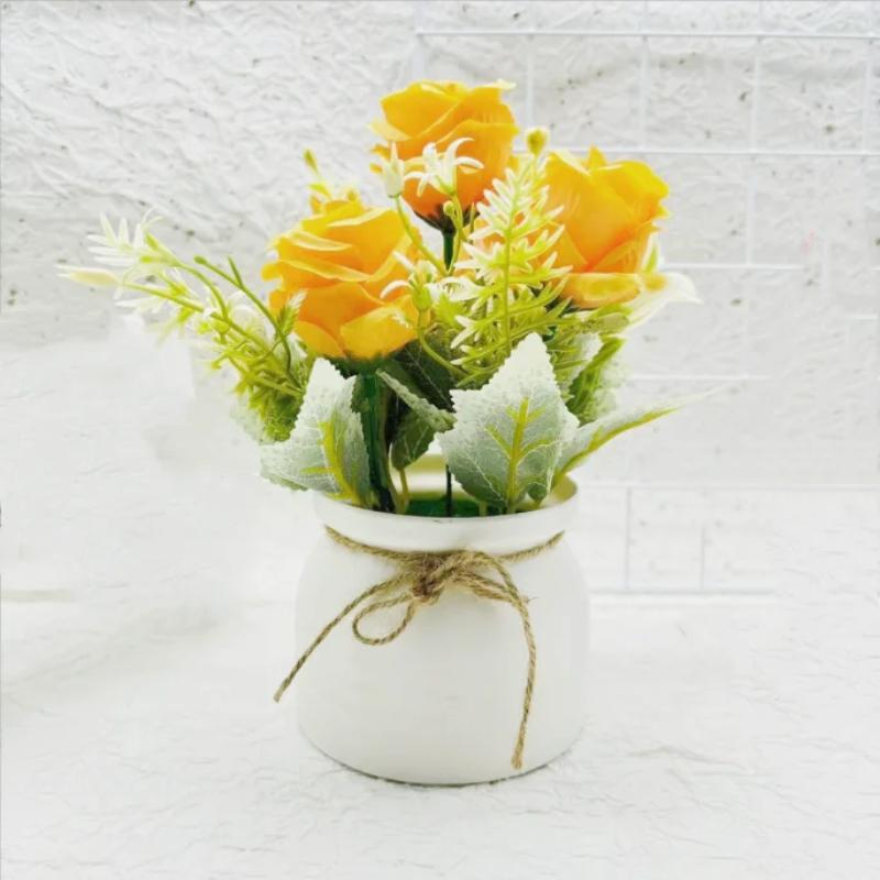 1pc Artificial Flower Potted Three Roses Small Flanged Bonsai Combination Simulated Plant Bonsai Home Decor Desktop Decoration