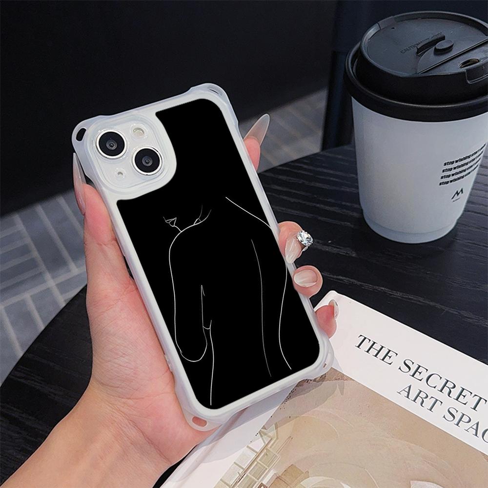 Ae79 Femme Framed Black Art Soft Phone Cases for iPhone 16 15 14 13 12 11 Pro Max 7 8 Plus XR XS with Wrist Strap Lanyard Corner Protection Back Cover