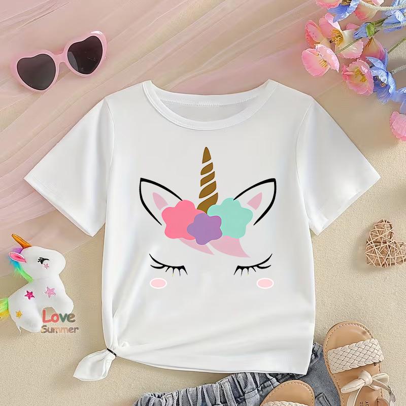 Unicorn Print Girl's Aged 4-14 Cute T-shirt Casual Short Sleeve Comfortable Versatile Tee Tops For 2026 Summer