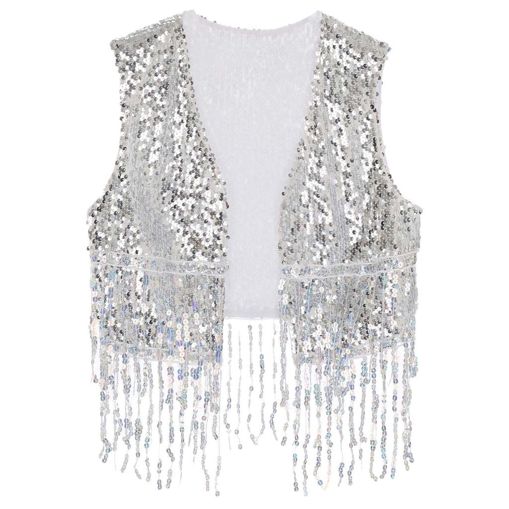 Mens Shiny Sequin Cowboy Vest Tops Open Front Sleeveless Tassels Cardigan