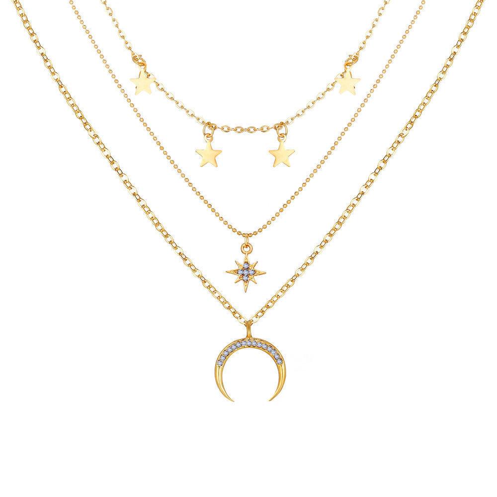 C148 Fashion Trend New Street Style Five-Pointed Star Full Diamond Moon Pendant Women's Multi-Layer Necklace