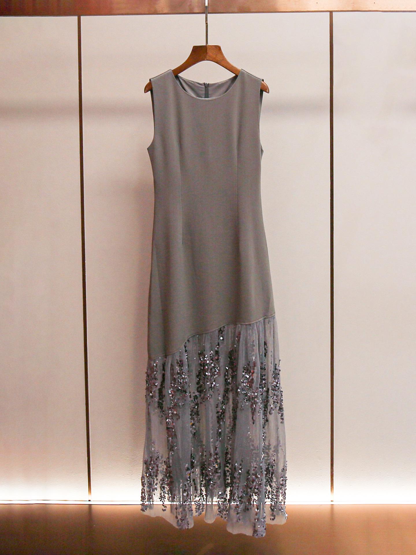 High-End Women s Sequin Lace Patchwork Vest Dress - Spring/Summer Collection L серый