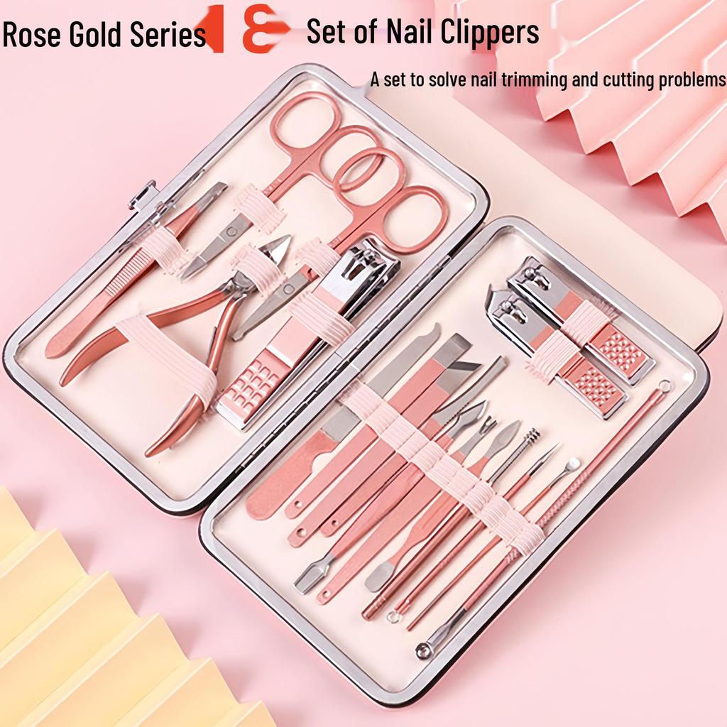 18-Piece Rose Gold Stainless Steel Manicure Set: Nail Clippers, Scissors, File & Cutter