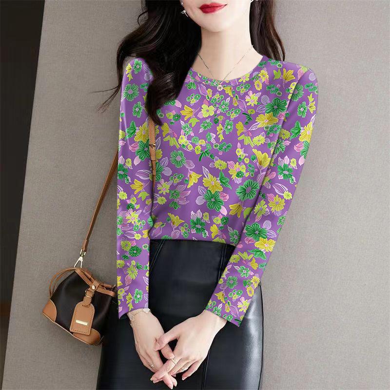 

Women s Slimming Milk Silk Long-Sleeve T-Shirt – Round Neck, Stylish Print for Autumn/Winter, Ideal Base Layer for Middle-Aged & Elderly XL