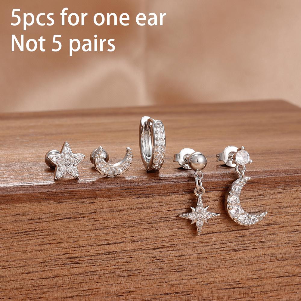 5PCS New Design Gold Color Ear Stud Earring Set For Women Zircon Star Moon Punk Piercing Earrings Helix Tragus Piercing Jewelry