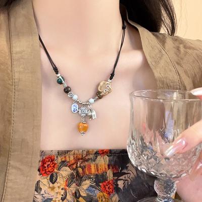 2025 New Antique Ceramic Beaded Necklace Women's New Chinese Retro Woven Neck Chain National Style Hanfu Collarbone Chain