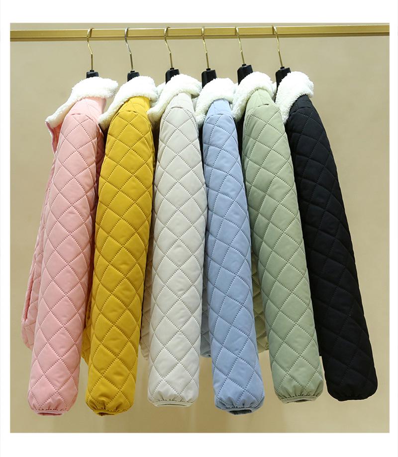 2024 Fall/Winter Women's Lambskin Cotton Coat - Stand-up Collar, Casual Loose Fit, Warm and Stylish Diamond Check Design.