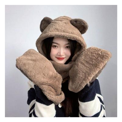 Teddy Bear Hood Muffler Integrated Winter Hat with Scarf Pocket