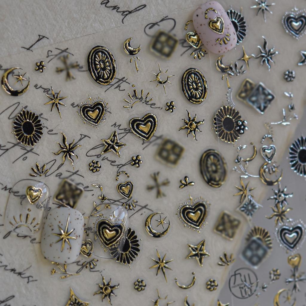 Retro Gold Silver Star Sun Moon Flower Gothic Love Geometric Shapes Starburst Nail Art Stickers Manicure Decals Decoration