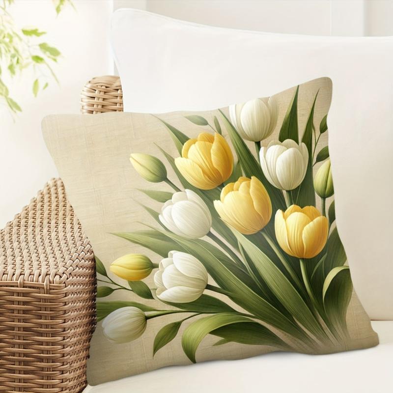 Vikama Yellow And White Tulip Floral Cushion Cover, Perfect For Sofas And As A Mother’S Day Gift, Decorative Cushion Cover