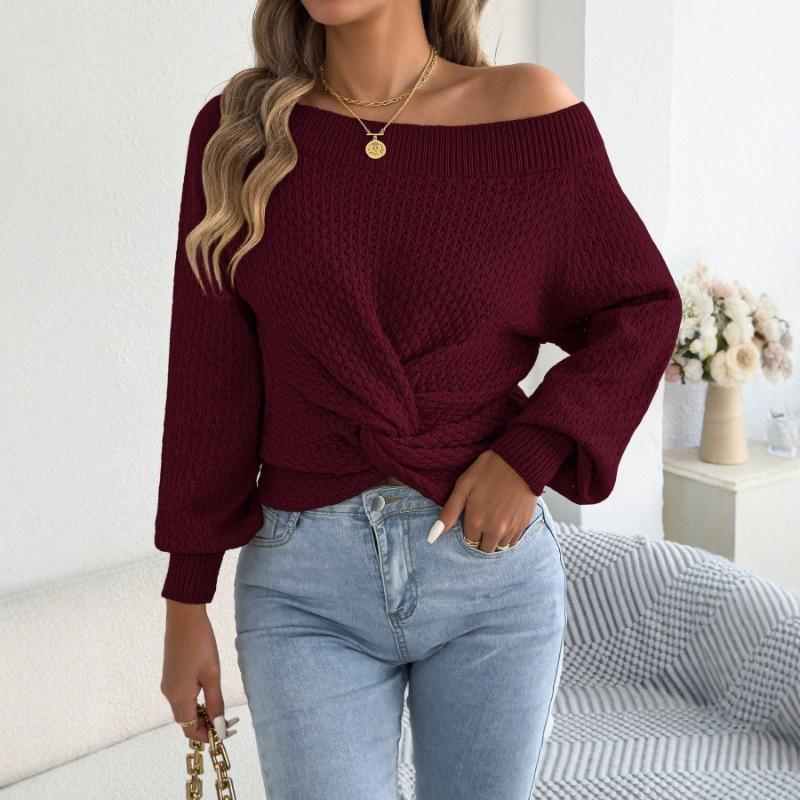 European American Casual Solid Color Off Shoulder Knot Long Sleeve Women Sweater