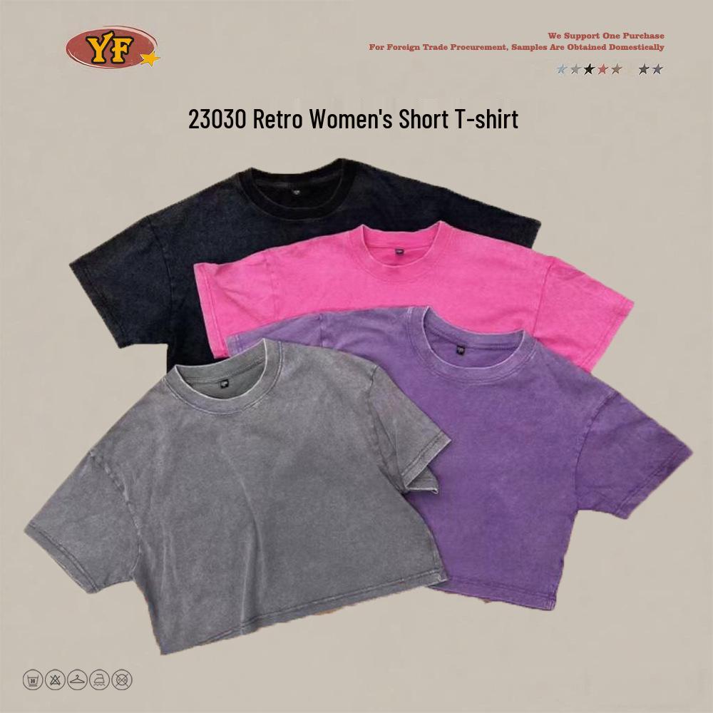 Women's Washed Vintage Cropped T-shirt: Heavyweight 230g Pure Cotton, Retro Loose Fit, Short Sleeve Waist-Length Top