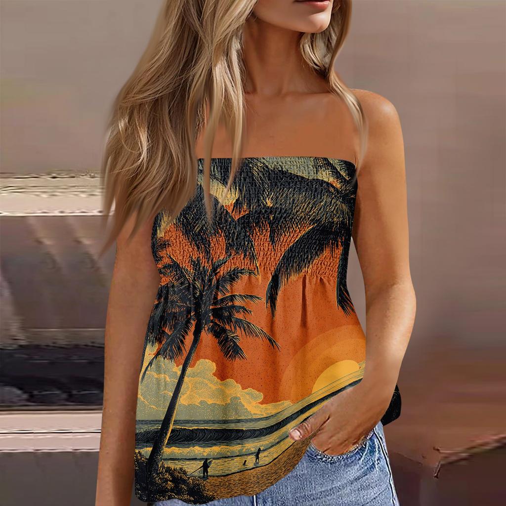 Women's Summer Fashion Strapless Top, Cute and Sexy Off-Shoulder Hawaiian Print Sleeveless T-Shirt