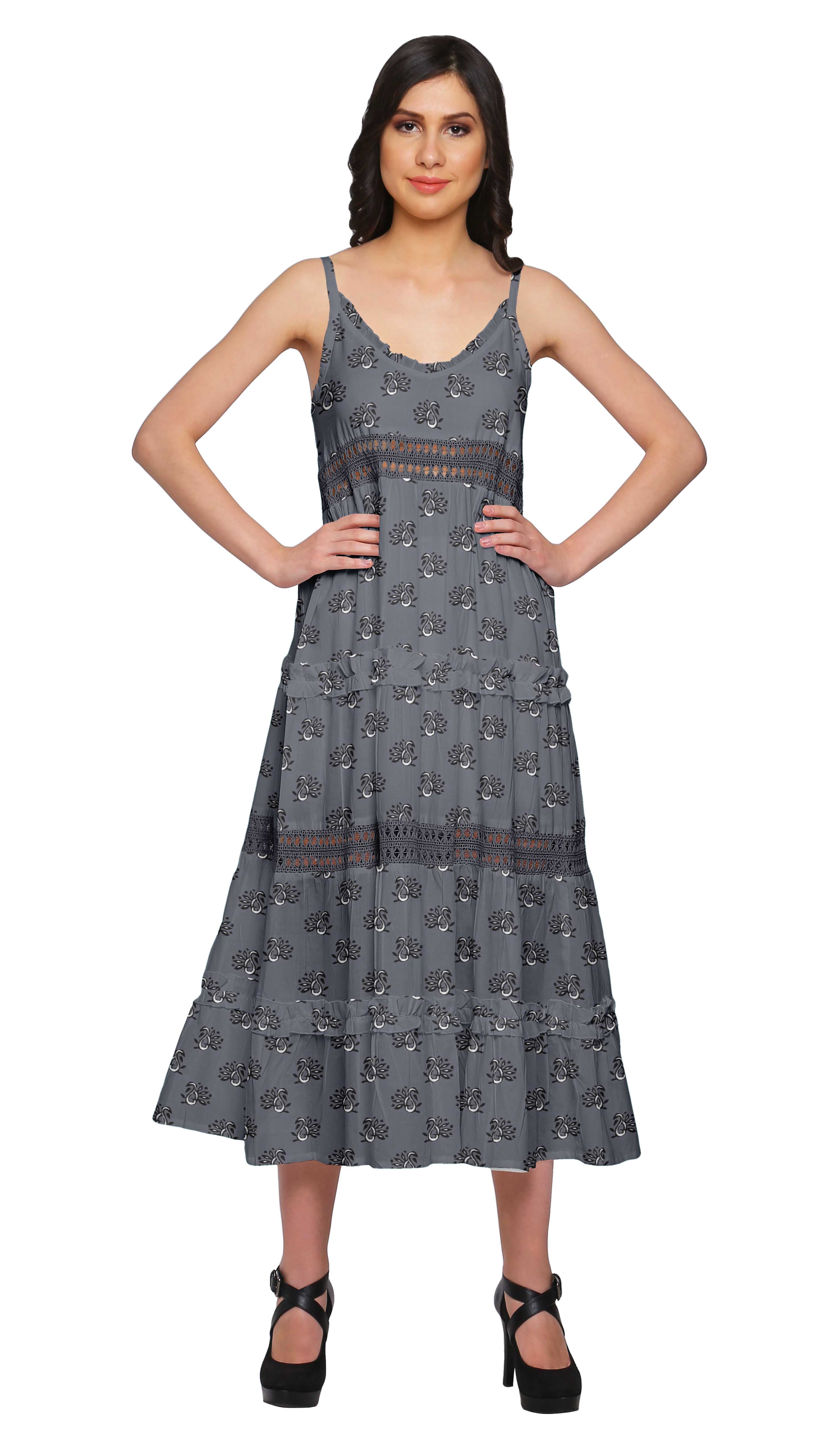 

Moomaya Printed Long Maxi Dress For Women Sleeveless V-Neck Casual Flair XS шифер сірий колір