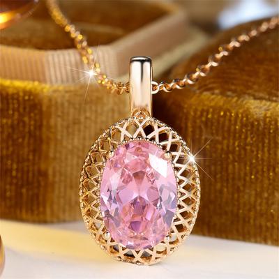 Big Oval Stone Pendant Elegant Pink Crystal Zircon Necklaces for Women Vintage Gold Color Chain Necklace Wedding Jewelry Gifts