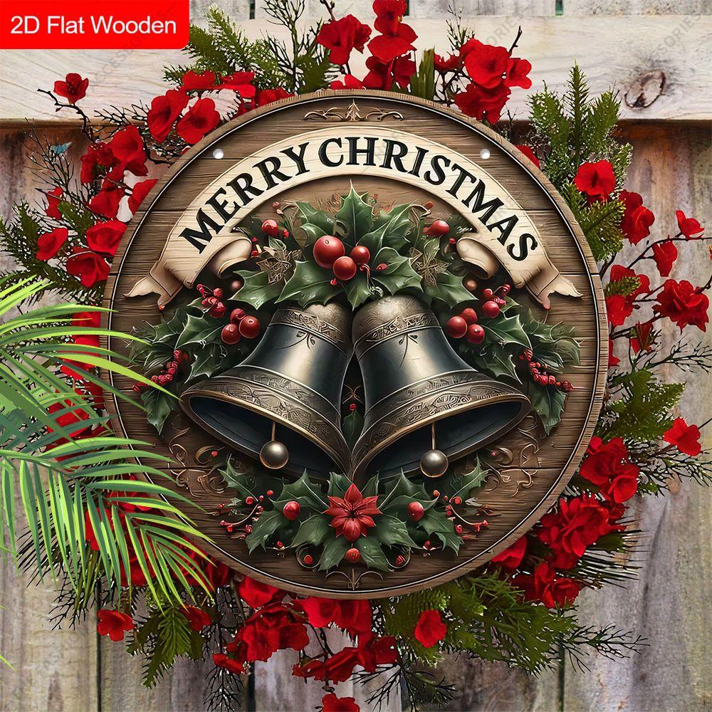 Merry Christmas Bells Holly Round Wooden Hanging Sign, 2D Flat Printed Christmas Wall Door Ornament, Xmas Holiday Home Decor Gift