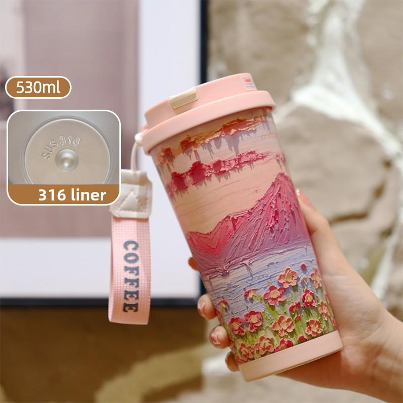 Flowers Garden Travel Coffee Tumblers Ceramic Inner Liner Tumbler Stainless Steel Cup with Lid & Straw Coffee Mug Holiday Gifts