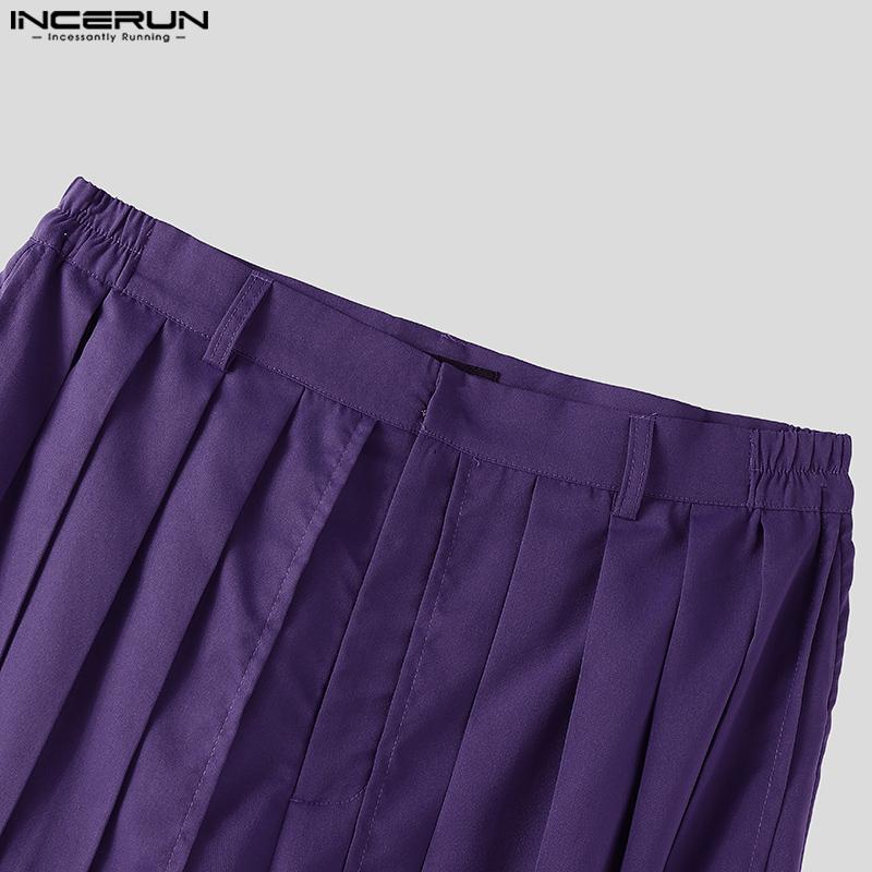 INCERUN Men Solid Color Zipper Waist Pleated Layers Casual Wide Legs Pants Trousers