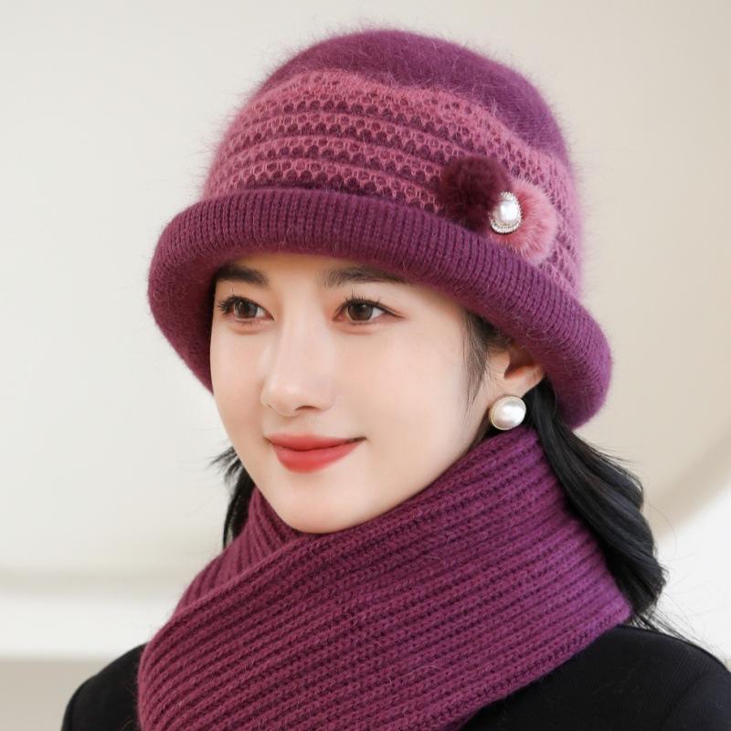 Winter Hat Women's Knitted Wool Hat Plush Thick Warm Faux Rabbit Fur Basin Hat
