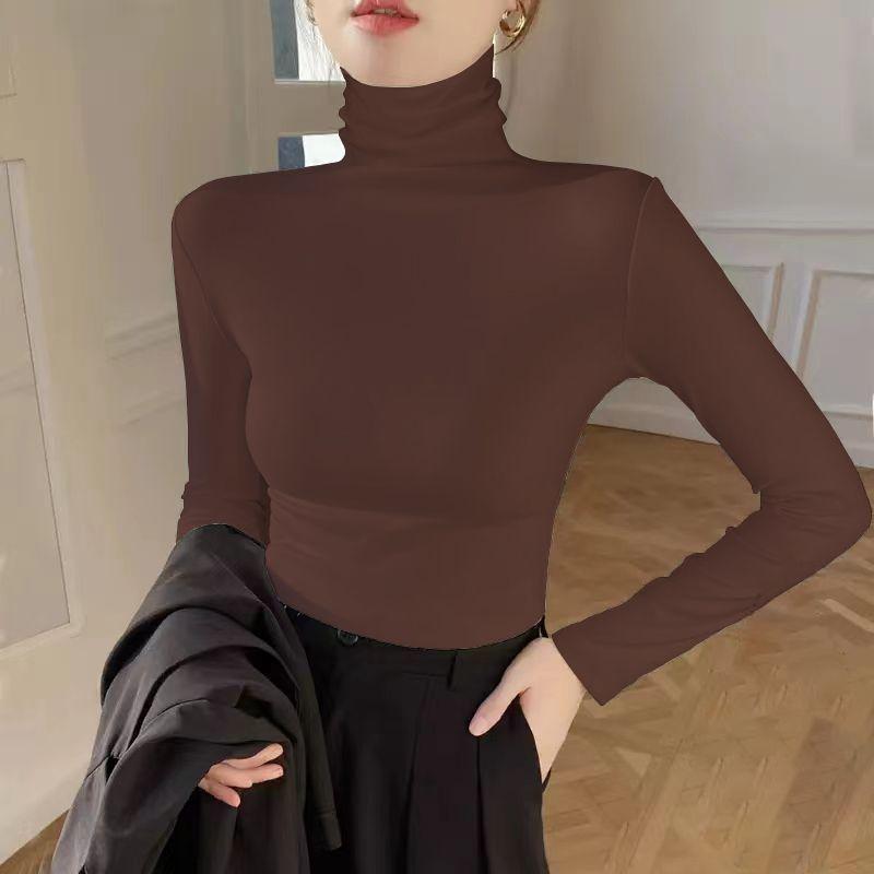 All-match Solid Color Pullover Long Sleeve Women's Clothing Spring Autumn Turtleneck T-shirt Casual Vintage Office Lady Tops