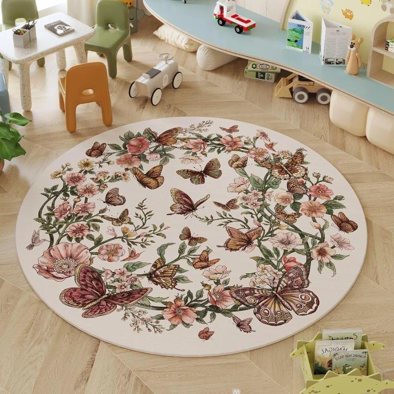 Round Living Room Carpet Foldable Machine Washable Boho Floral Butterfly Soft Circular Rug Bedroom Bedside Cloakroom Wool Rugs